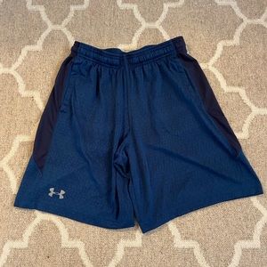 Under Armour men’s workout shorts, size M. Navy blue patterned w/ pockets